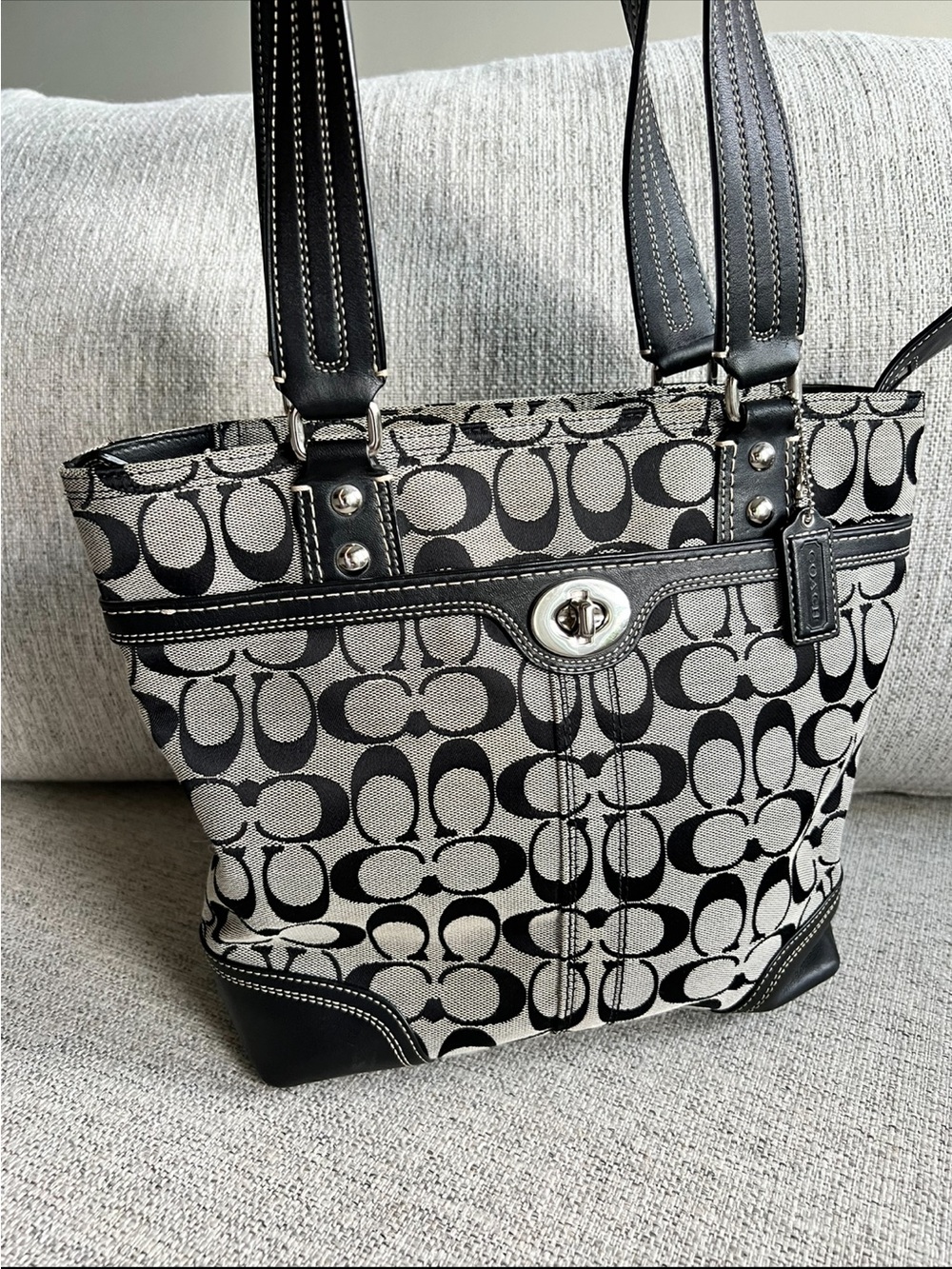 Coach Black & Cream Signature Canvas Tote with Leather Trim